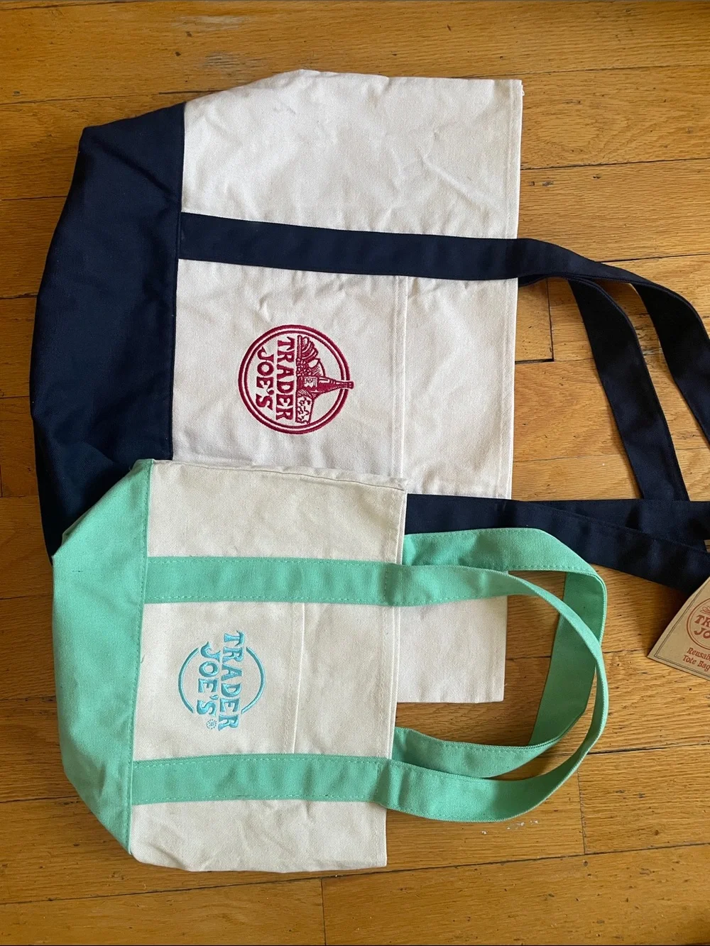 2 New Trader Joe’s Tote Bags Mini & Large   Navy Teal small bag light blue Lot